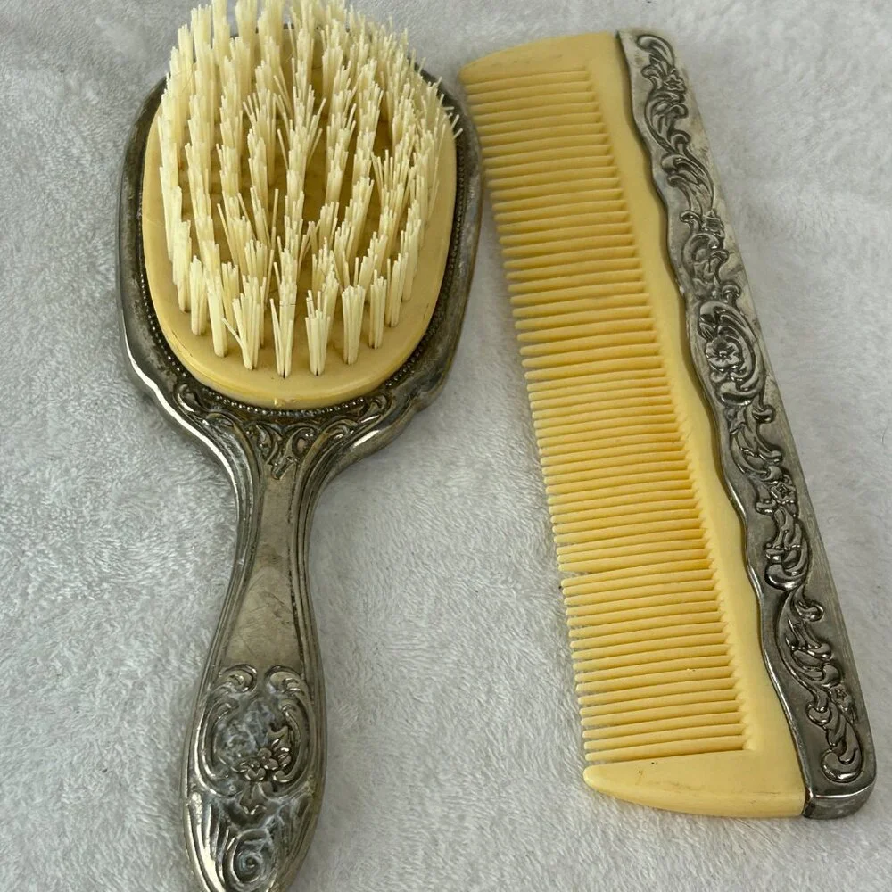 Vintage 3 piece Dresser Vanity Set Silver Plated Mirror, Brush and Comb (heavy)